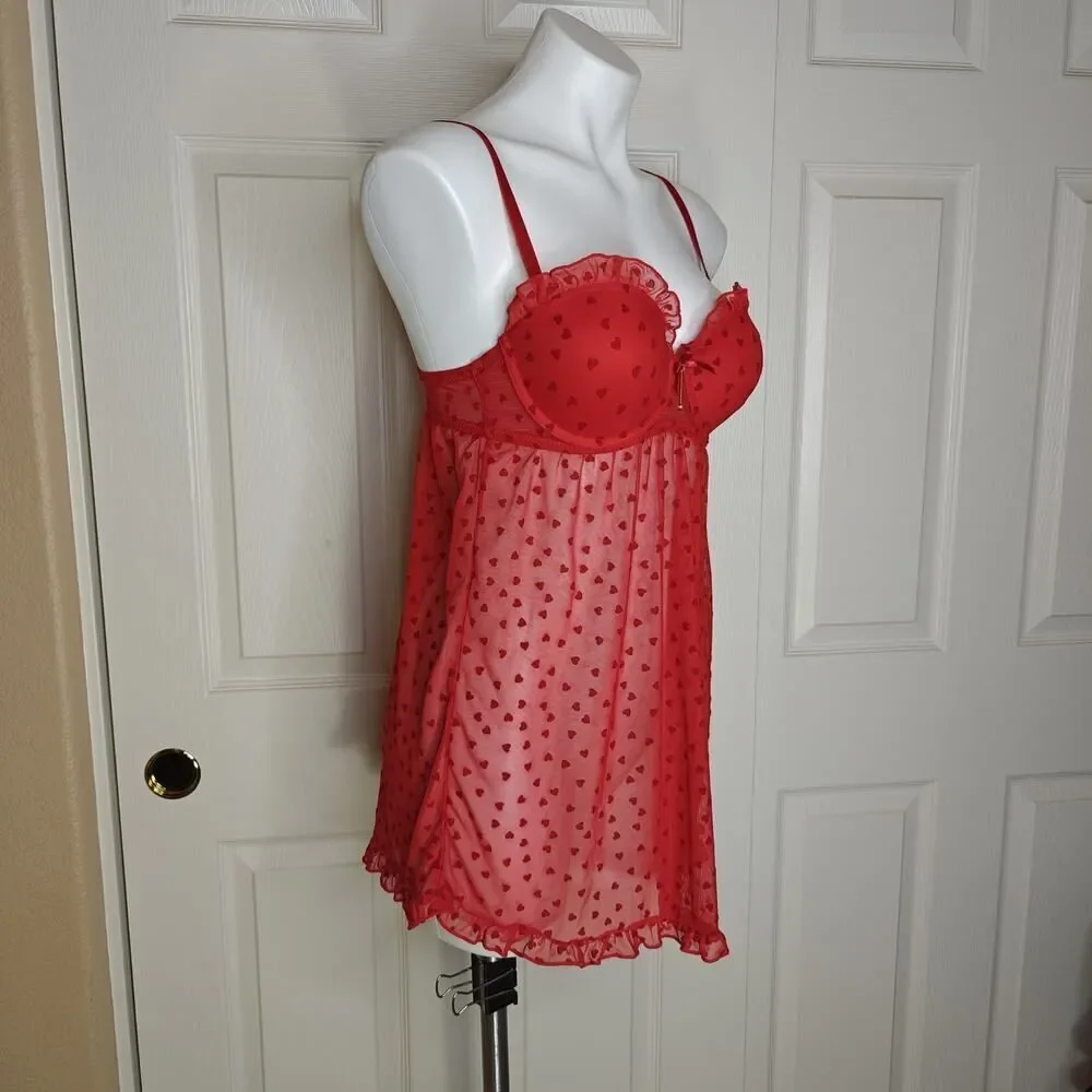 I Heart You red sheer mesh babydoll lingerie sz M